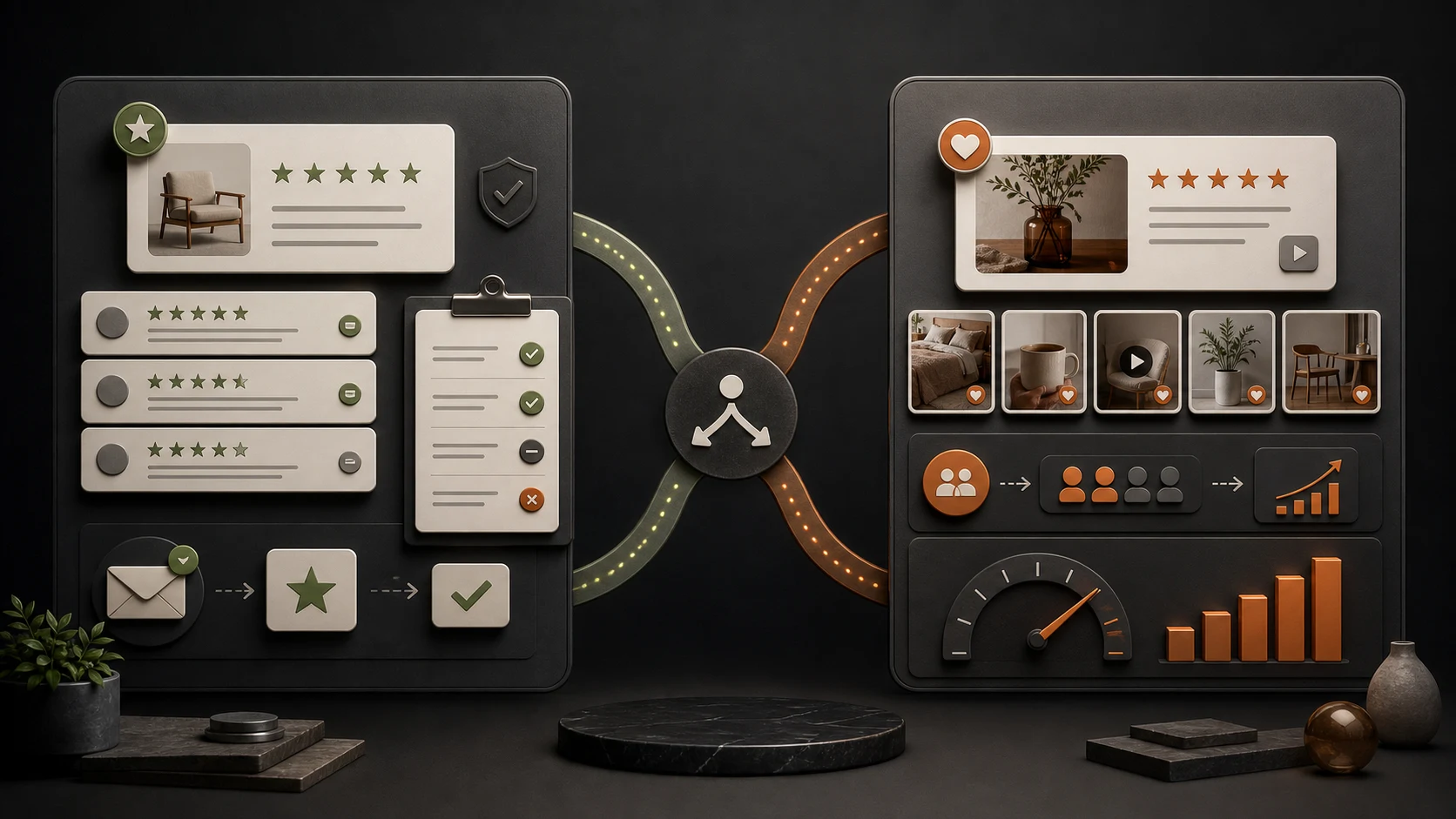 Two ecommerce review workflows comparing structured review management with visual customer content