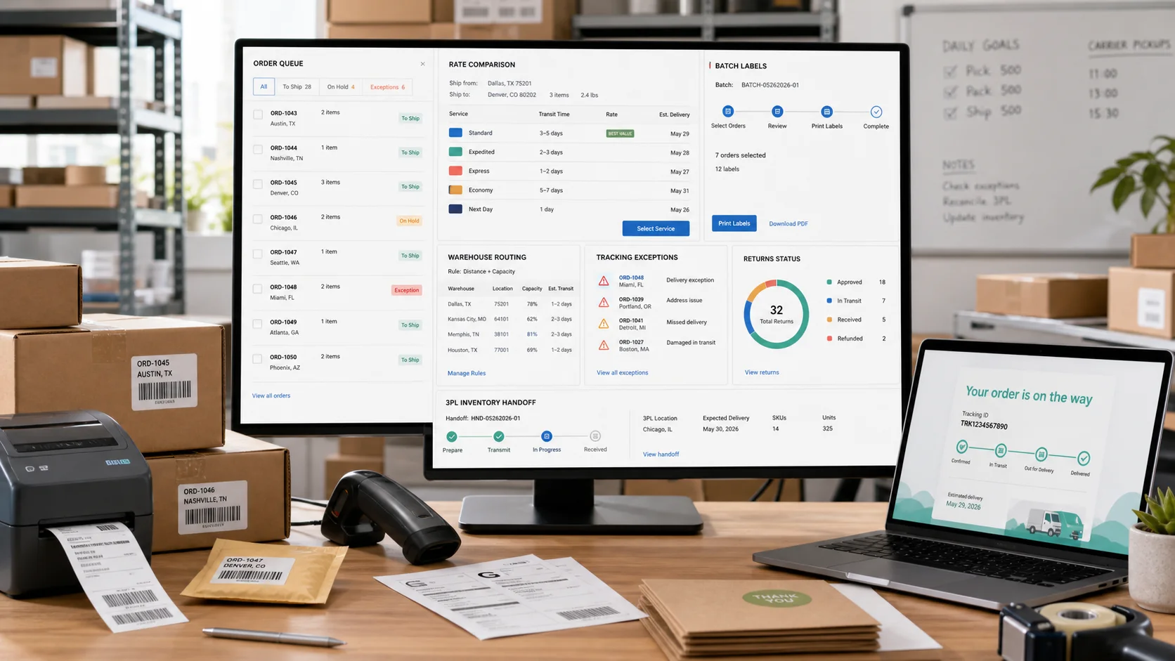 Ecommerce shipping dashboard showing Shopify order queue, carrier rate comparison, batch labels, warehouse routing, tracking exceptions, returns, and a 3PL handoff