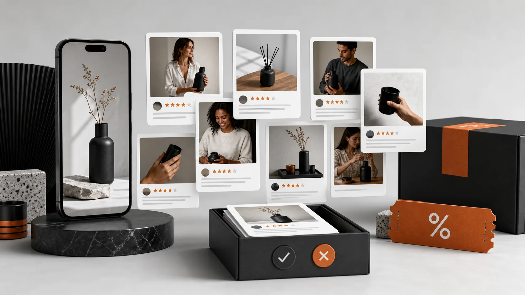 Ecommerce product review workspace with ratings, customer photos, moderation, and referral tools